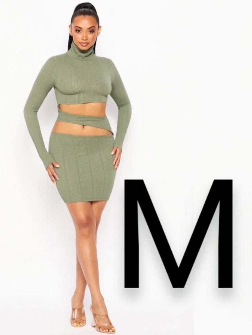 🆕Olive Green Knit Long Sleeve Turtleneck Mid Cut-Outs Bodycon Dress~Size M